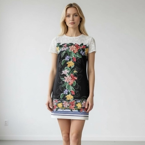 Desigual Dresses & Skirts - Desigual Black with Multi Color Tropical Print Short Sleeve Sheath T-Shirt Dress